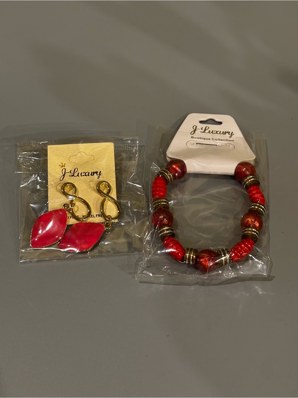 Red Beaded Bracelet and Red Leaf Drop Earrings Set